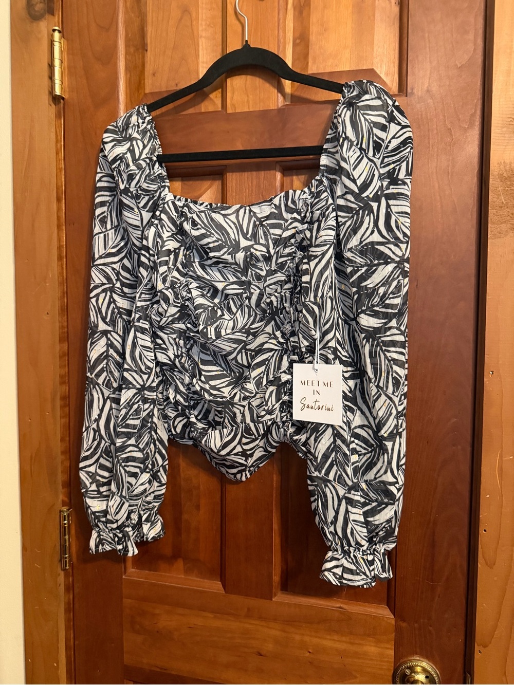 Meet Me in Santorini Navy Leaf-Print Long-Sleeve Top with Gold accents